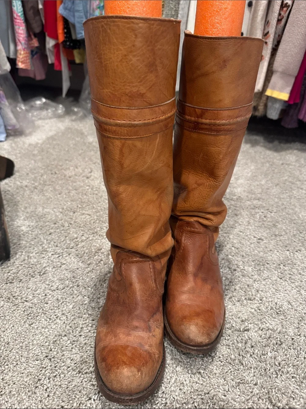 FRYE AND CO. Slouchy Leather Boots in Cognac Tan